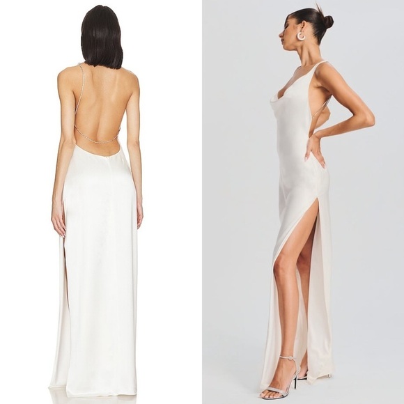 NWT RETROFETE Satin Asymmetric Crystal Chain Strap Draped Neck Open Back Gown S - Picture 7 of 13